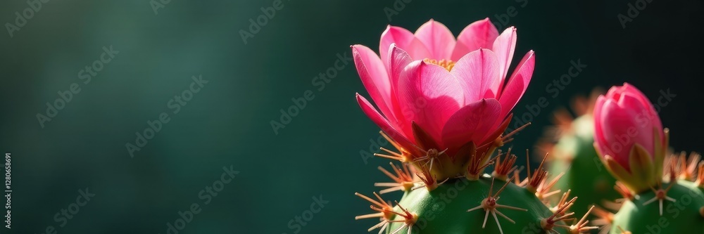 Prickly pink petals unfurl on a flowering cactus stem, fleshy flowers, cactus flower Prickly pink petals unfurl on a flowering cactus stem, fleshy flowers, cactus flower