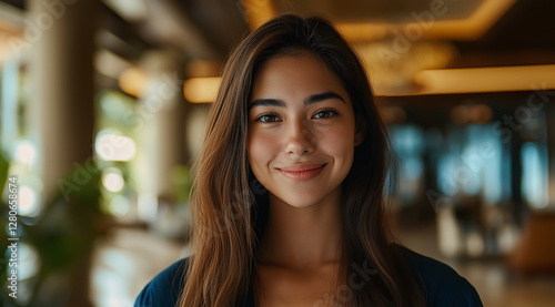Wallpaper Mural A young woman with long hair, smiling at the camera in front of blurred business people during a conference on a luxury hotel background Torontodigital.ca