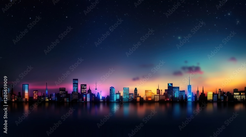 A city skyline at night with a beautiful sunset in the background A city skyline at night with a beautiful sunset in the background