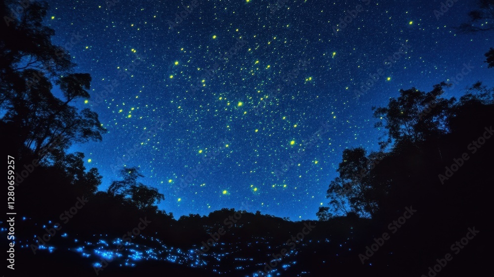 Naklejka premium A breathtaking night scene featuring a starlit sky and bioluminescent lights from fireflies illuminating the forest.