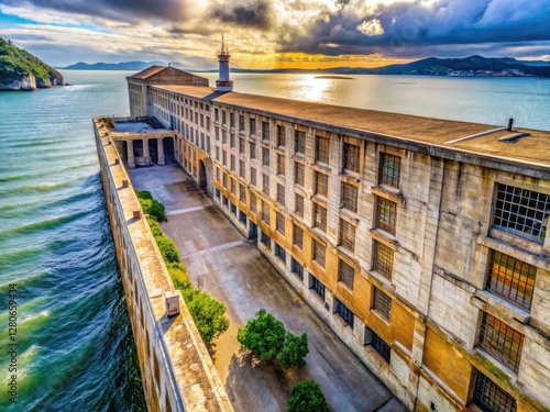 Alcatraz's inmate cells, viewed aerially by drone, offer a stunning high-resolution perspective on the island prison's architecture and bayside location. photo