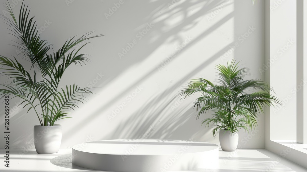 Fototapeta premium Minimal white room, cylinder podium, subtle palm leaf shadows, abstract product display setup