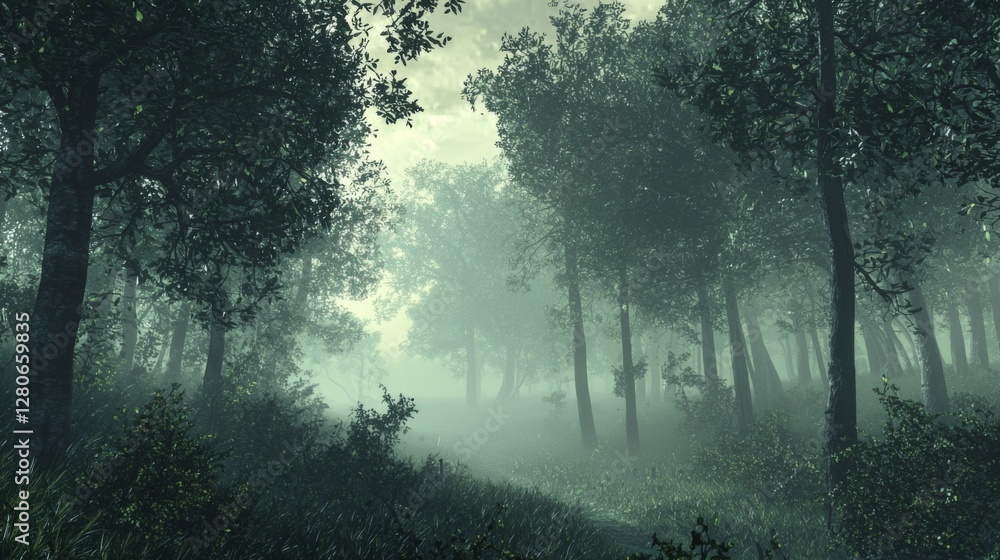 Fototapeta premium Mysterious Foggy Forest Landscape with Lush Green Trees and Soft Light Filtering Through Mist in a Serene Natural Setting