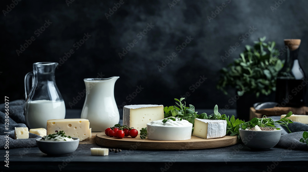 An elegant food photography setup featuring dairy-based meals, including cheese platters and vegetable-rich yogurt dips, emphasizing the fusion of dairy and greens for a healthy di An elegant food photography setup featuring dairy-based meals, including cheese platters and vegetable-rich yogurt dips, emphasizing the fusion of dairy and greens for a healthy di