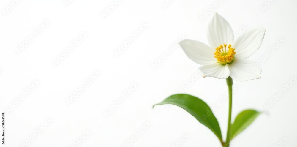 Fototapeta premium Single white flower on a yellow-green stem isolated on white background, botanical, greenery, white background