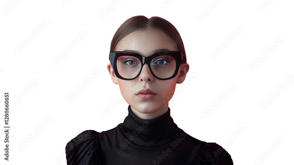 A Lifelike Portrait of a Young Woman in Stylish Black Glasses on Transparent Background, PNG A Lifelike Portrait of a Young Woman in Stylish Black Glasses on Transparent Background, PNG