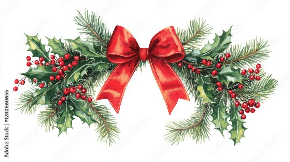 Red Bow with Greenery, Holiday Decoration, Christmas Bow, Festive Wreath, Holly and Berries, Holiday Garland, Seasonal Decor Red Bow with Greenery, Holiday Decoration, Christmas Bow, Festive Wreath, Holly and Berries, Holiday Garland, Seasonal Decor