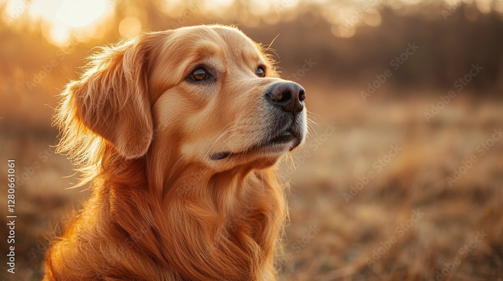 Obraz premium Golden retriever enjoying a peaceful evening in a sunlit field during autumn