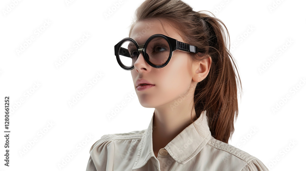 A Lifelike Portrait of a Young Woman in Stylish Black Glasses on Transparent Background, PNG A Lifelike Portrait of a Young Woman in Stylish Black Glasses on Transparent Background, PNG