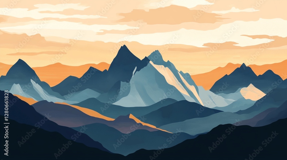 Fototapeta premium Serene Mountain Landscape Artistic Illustration Peaceful Sunset Blue Hues Nature Scene Tranquil View Majestic Peaks Dramatic Sky Orange Yellow Colors Digital Painting Artistic Artwork Beautiful 