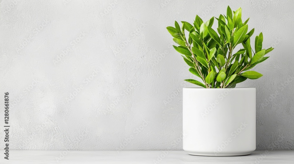 Fototapeta premium Green potted houseplant in a white ceramic pot stands on a grey surface against a textured concrete wall in bright natural light.