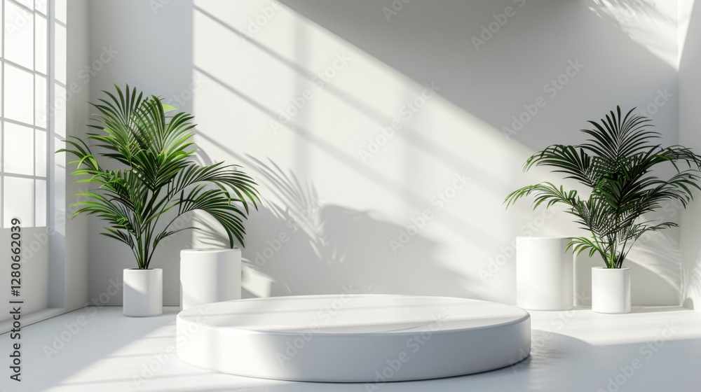 Fototapeta premium Minimal white room, cylinder podium, subtle palm leaf shadows, abstract product display setup