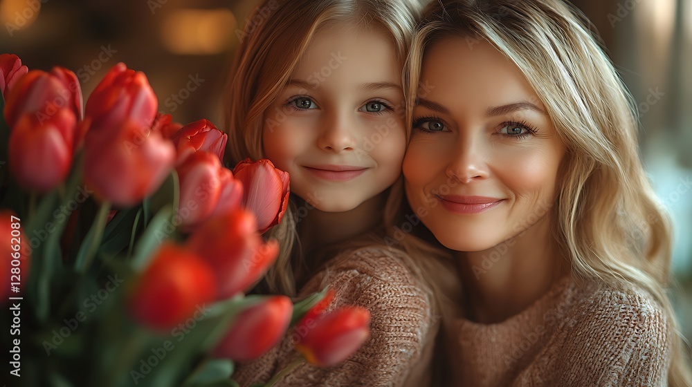 Two Women Smiling with Red Tulip Bouquet in Cozy Setting Two Women Smiling with Red Tulip Bouquet in Cozy Setting