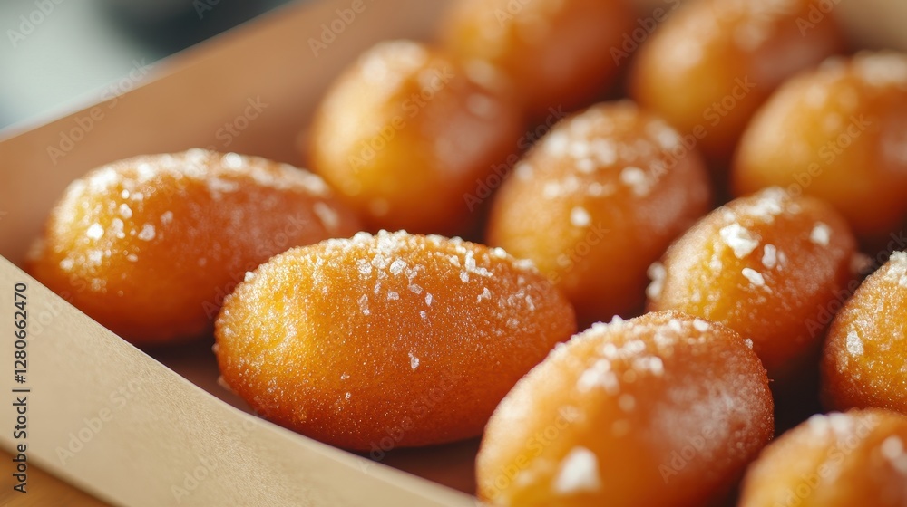 Golden-brown, sugary sweet doughnuts arranged in a wooden tray, glistening with a sprinkle of coarse sugar. Golden-brown, sugary sweet doughnuts arranged in a wooden tray, glistening with a sprinkle of coarse sugar.