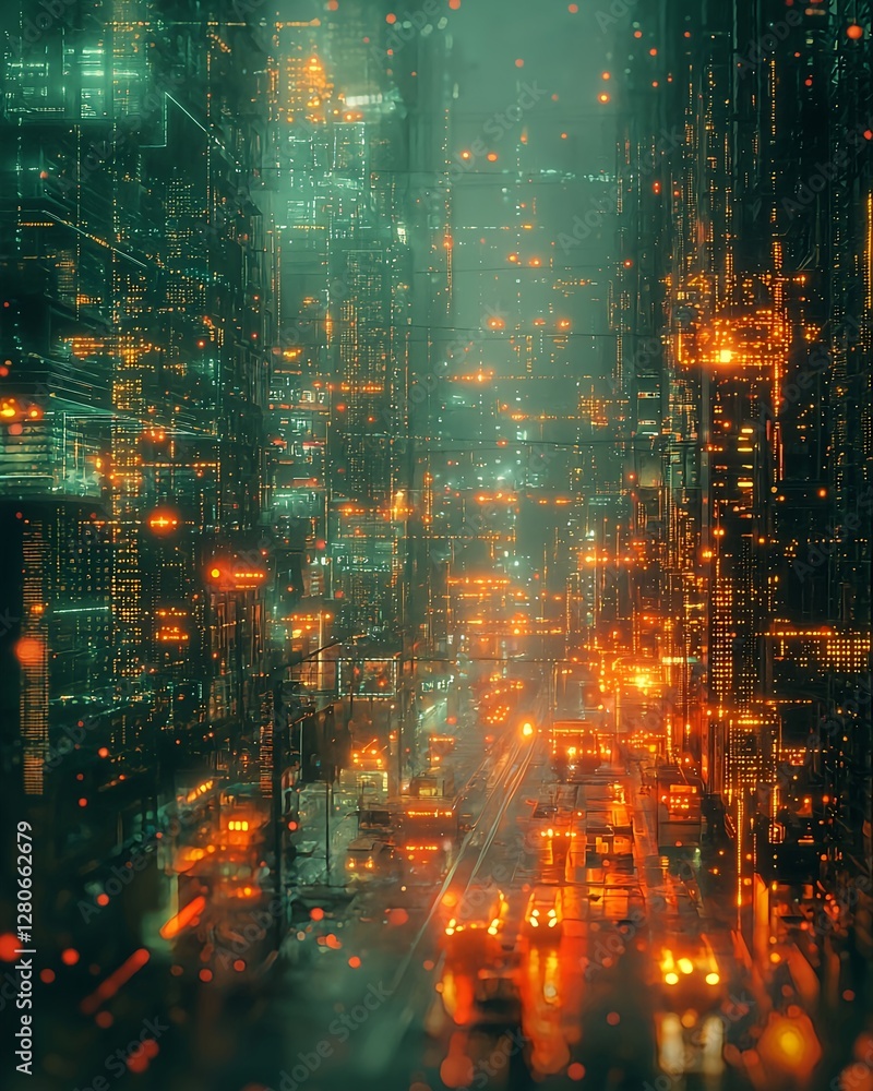 Fototapeta premium A digital cityscape featuring glowing cubes arranged in a cyberpunk style