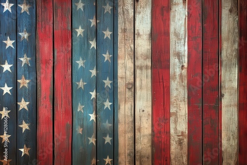 weathered wooden barn wall with vintage american flags creating a patriotic pattern, textural details enhanced by dramatic side lighting photo