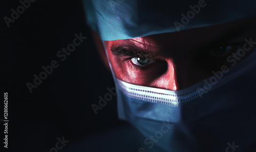 A Compelling Glimpse into the Life of a Medical Professional: The Dedication and Intensity Behind the Surgical Mask in an Ominous Medical Environment photo