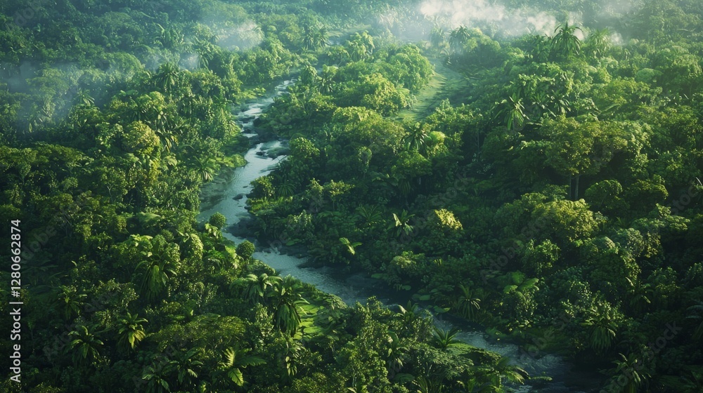 Lush Green Tropical Rainforest With A Flowing River Surrounded By Diverse Vegetation And Misty Atmosphere Lush Green Tropical Rainforest With A Flowing River Surrounded By Diverse Vegetation And Misty Atmosphere