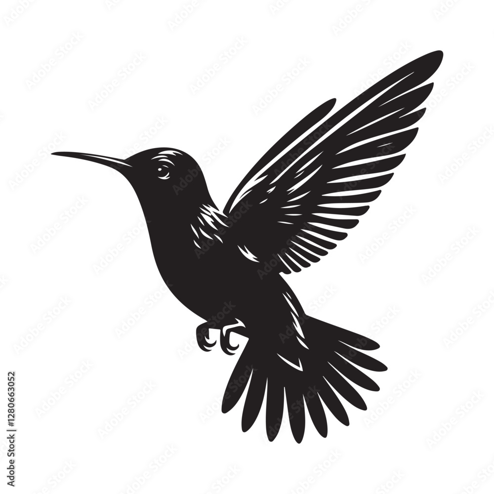 Fototapeta premium Humming bird Silhouette Vector Illustration, Solid White Background.