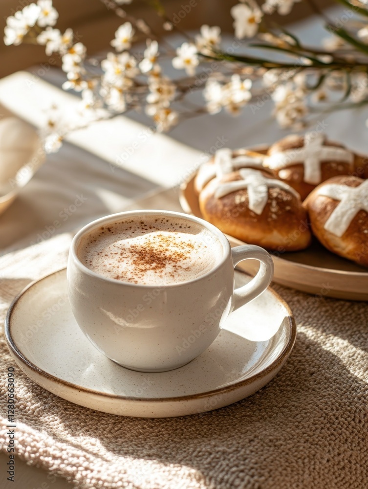 Cozy Easter breakfast setting with hot cross buns and warm beverage Cozy Easter breakfast setting with hot cross buns and warm beverage
