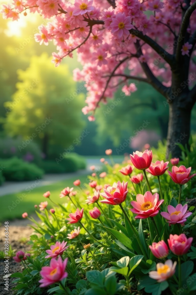 Spring garden with blooming flowers and greenery, spring, garden Spring garden with blooming flowers and greenery, spring, garden