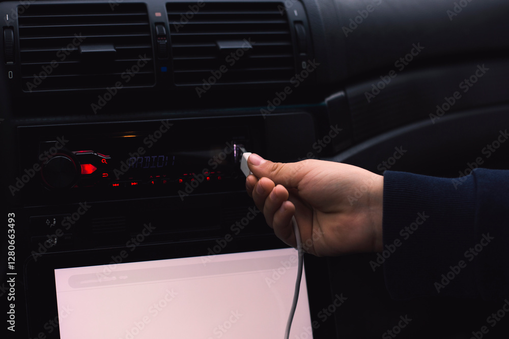 Fototapeta premium Hand a man plug in USB cable on the car audio