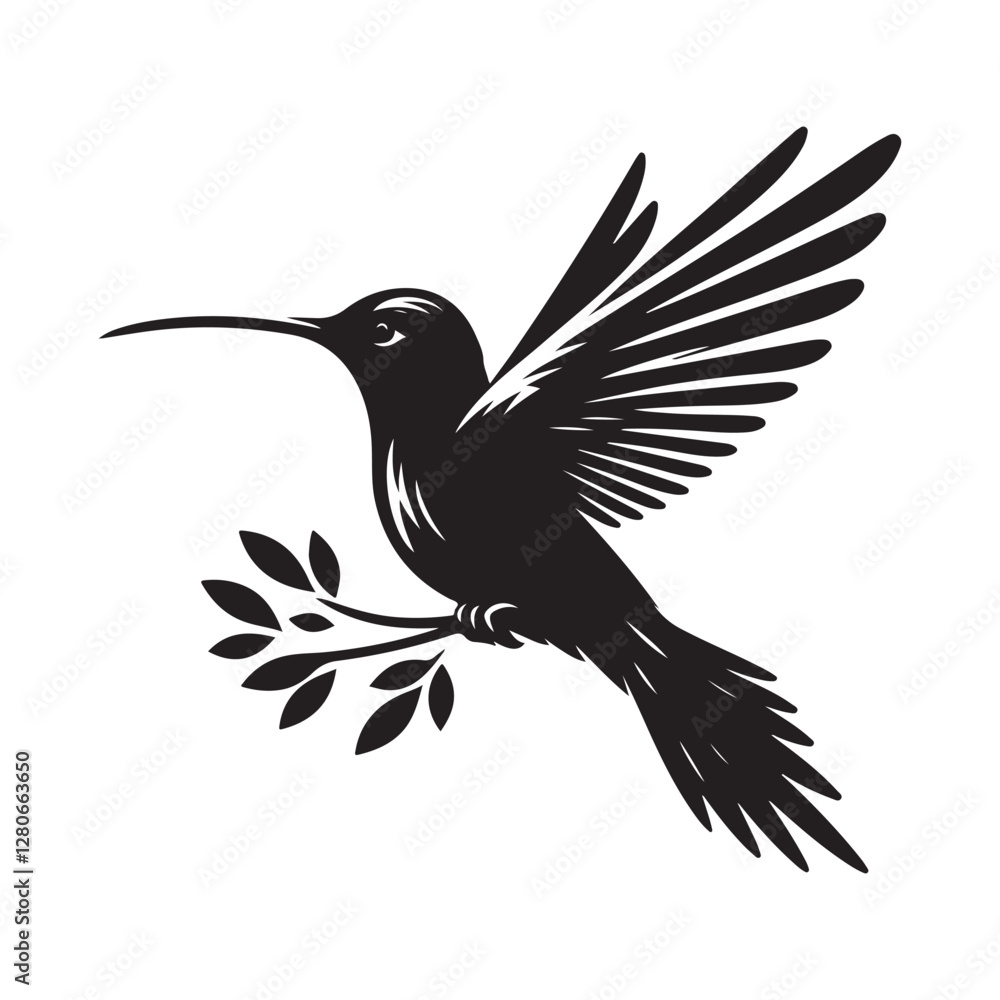 Obraz premium Humming bird Silhouette Vector Illustration, Solid White Background.