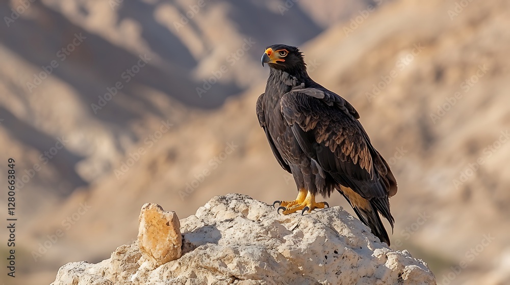 Desert Eagle Perched on Rock, Mountain Background Desert Eagle Perched on Rock, Mountain Background