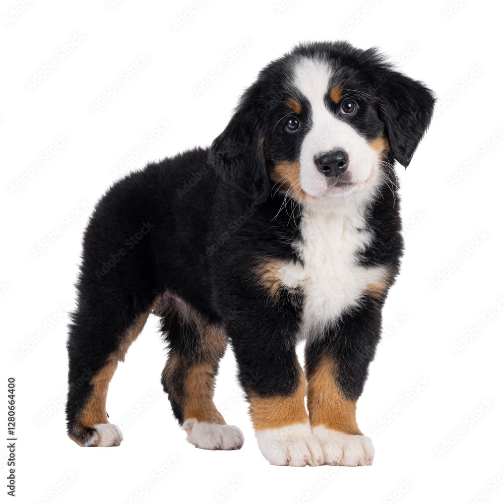 Adorable Bernese Mountain dog puppy, standing up side ways. Looking curious to camera with cute head tilt. Isolated cutout on a transparent background Adorable Bernese Mountain dog puppy, standing up side ways. Looking curious to camera with cute head tilt. Isolated cutout on a transparent background