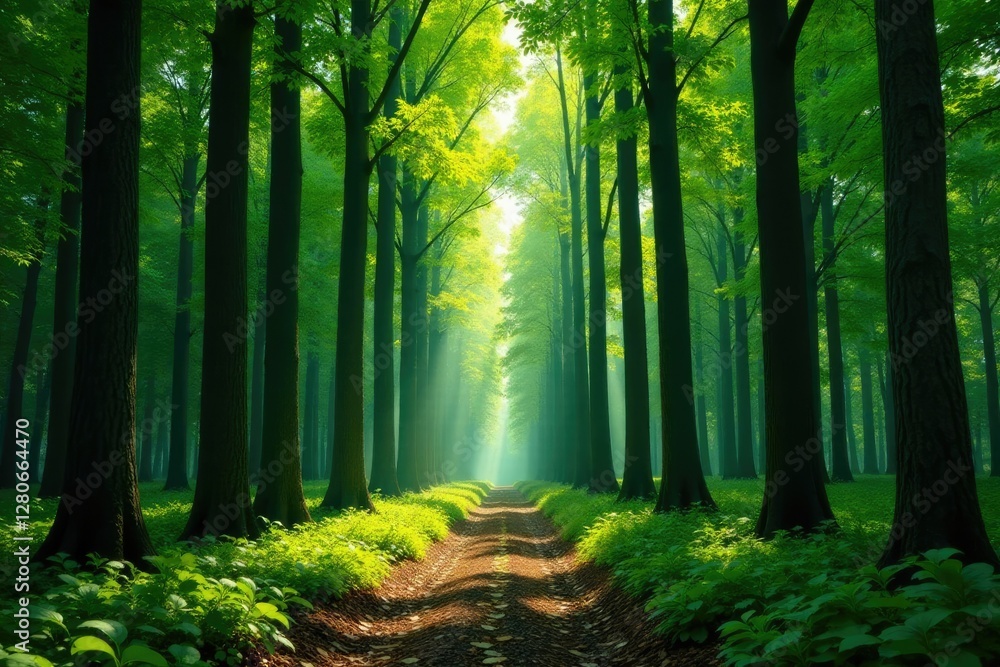 Fototapeta premium Towering straight trees form a canopy above a peaceful woodland floor, forest, straight trees, green
