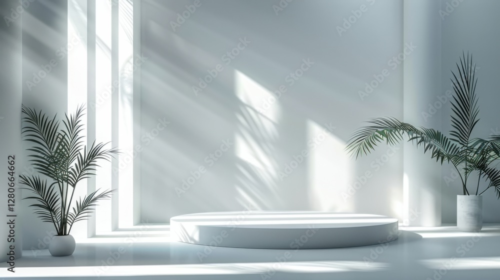 Minimal white room, cylinder podium, subtle palm leaf shadows, abstract product display setup Minimal white room, cylinder podium, subtle palm leaf shadows, abstract product display setup