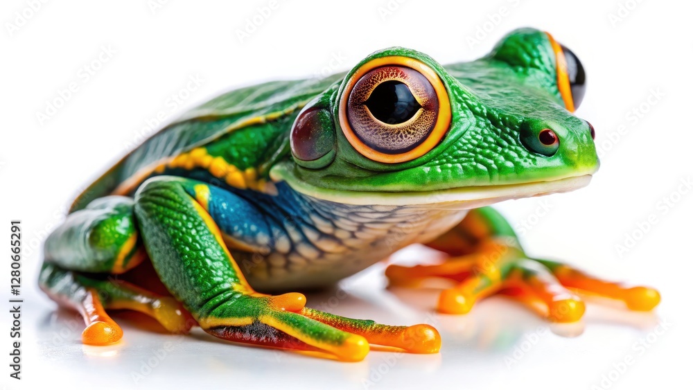 Close-up detail reveals a barred leaf frog's intricate texture, isolated on white. Close-up detail reveals a barred leaf frog's intricate texture, isolated on white.