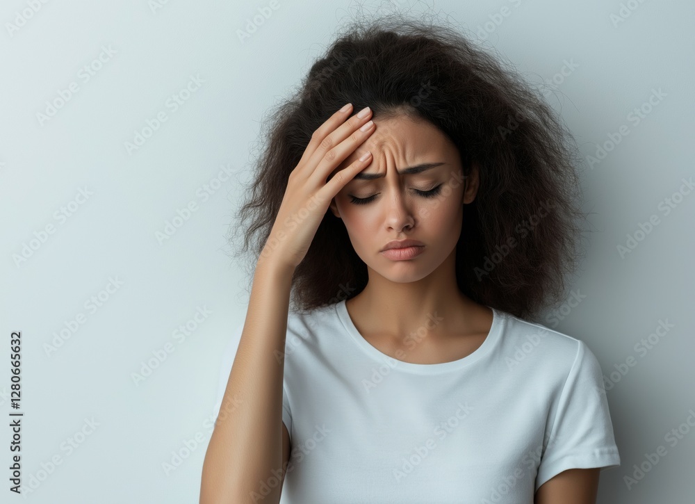 A young woman in a white t-shirt holds her forehead with a pained expression, appearing to suffer from a headache, stress, or fatigue.
A young woman in a white t-shirt holds her forehead with a pained expression, appearing to suffer from a headache, stress, or fatigue.