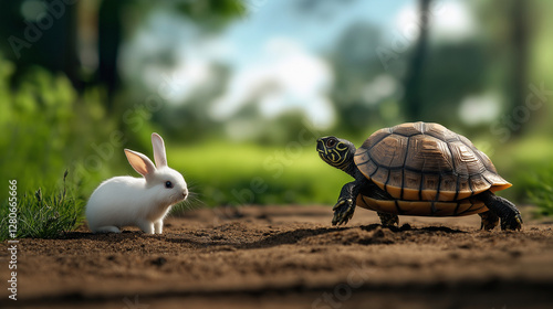 A determined turtle dashes across a dirt path, its strong legs propelling it forward while a fluffy white rabbit clings to its shell, ears flapping in the wind. photo