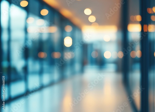 Wallpaper Mural A softly blurred image of a contemporary office hallway with large glass windows and warm ceiling lights, creating a professional and abstract atmosphere.  
 Torontodigital.ca
