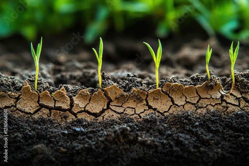 Tiny green sprouts emerging from cracked earth, symbolizing hope and new beginnings in a challenging environment, juxtaposed with fertile dark soil and lush greenery. photo