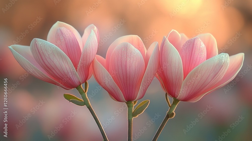 Fototapeta premium Delicate pink magnolias in soft sunset light