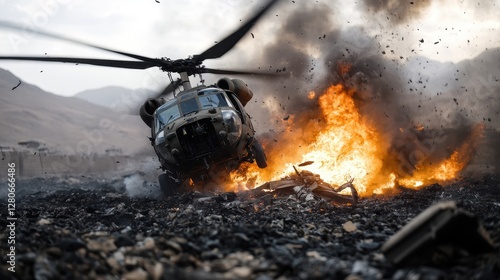 A military helicopter crashes amidst fiery explosions and swirling debris, symbolizing chaos and destruction in a conflict zone with dark smoke billowing into the air. photo