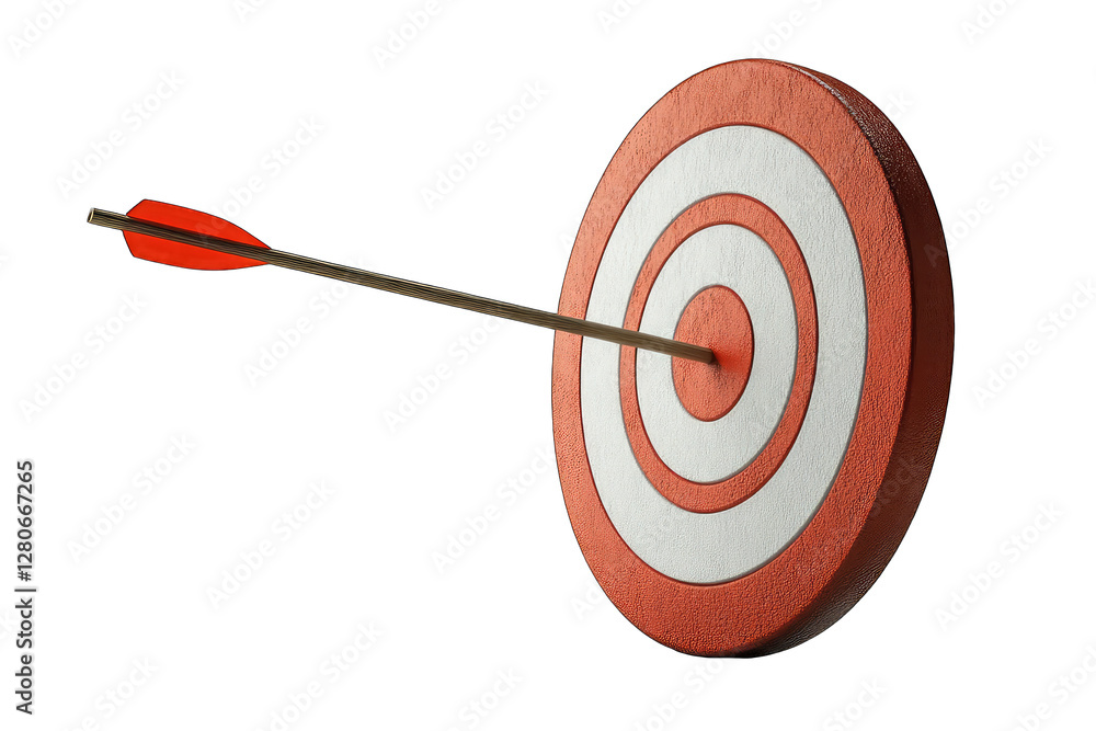 Red Target with Arrow Hitting Center in 3D Rendering on Clean White Background, Side View. Success and Business Concept Red Target with Arrow Hitting Center in 3D Rendering on Clean White Background, Side View. Success and Business Concept