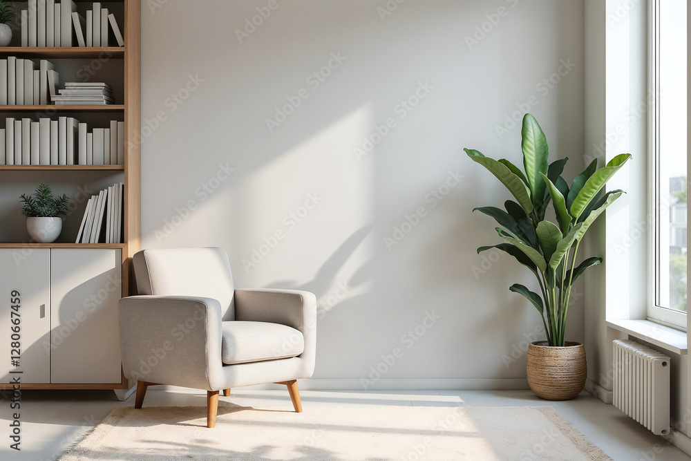 Fototapeta premium Cozy Minimalist Reading Corner with Natural Light Against White Walls