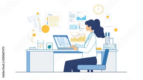 Autism research being studied by a researcher in a lab with charts on a laptop. Featuring scientific inquiry and data analysis