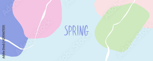 Spring theme colors. Abstract background with various curved soft colored shapes and white bent lines for Springtime season creative graphic design. Vector illustration.