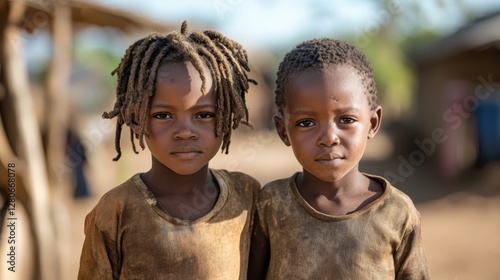 Two children with distinct hairstyles pose together in their village, capturing a moment of innocence and unity, showcasing their expressions against a rustic backdrop. photo