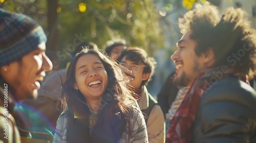 Diverse Group of Young Adults Laughing Together Outdoors in City