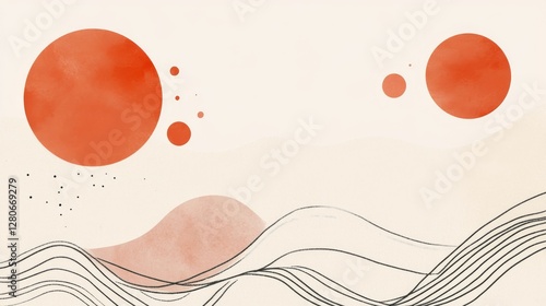 Abstract Minimalist Landscape:  Terracotta Suns and Gentle Beige Hills