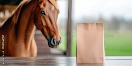 A horse stands next to a plain mockup of a big paper food bag in a stable. The blurred background reveals a lush field creating a calm and focused atmosphere ideal for equine-related content photo