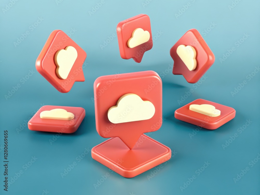 Colorful cloud icons resembling chat bubbles, floating against a blue background, suggest themes of communication, technology, and cloud services. Colorful cloud icons resembling chat bubbles, floating against a blue background, suggest themes of communication, technology, and cloud services.