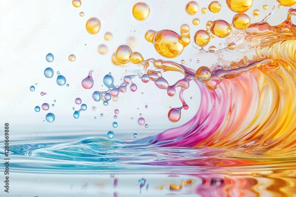 Fototapeta premium A vibrant abstract splash of colorful liquids and floating bubbles creates a dynamic and ethereal visual, showcasing artistic composition and fluid motion against soft background.