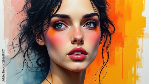 Vibrant Portrait of a Young Woman with Bold Makeup and Abstract Background
