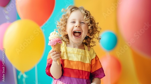 A young girl with curly blonde hair laughs while holding an ice cream cone, with a colorful background of balloons.